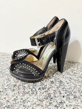 Michael Kors Astor Quarter Strap Heels Women's Black Silver Studs 4 1/2